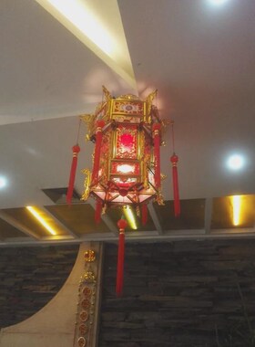 镀金三层塑料彷古宫灯 带u电机旋转宫灯 走马灯金黄色六角灯笼