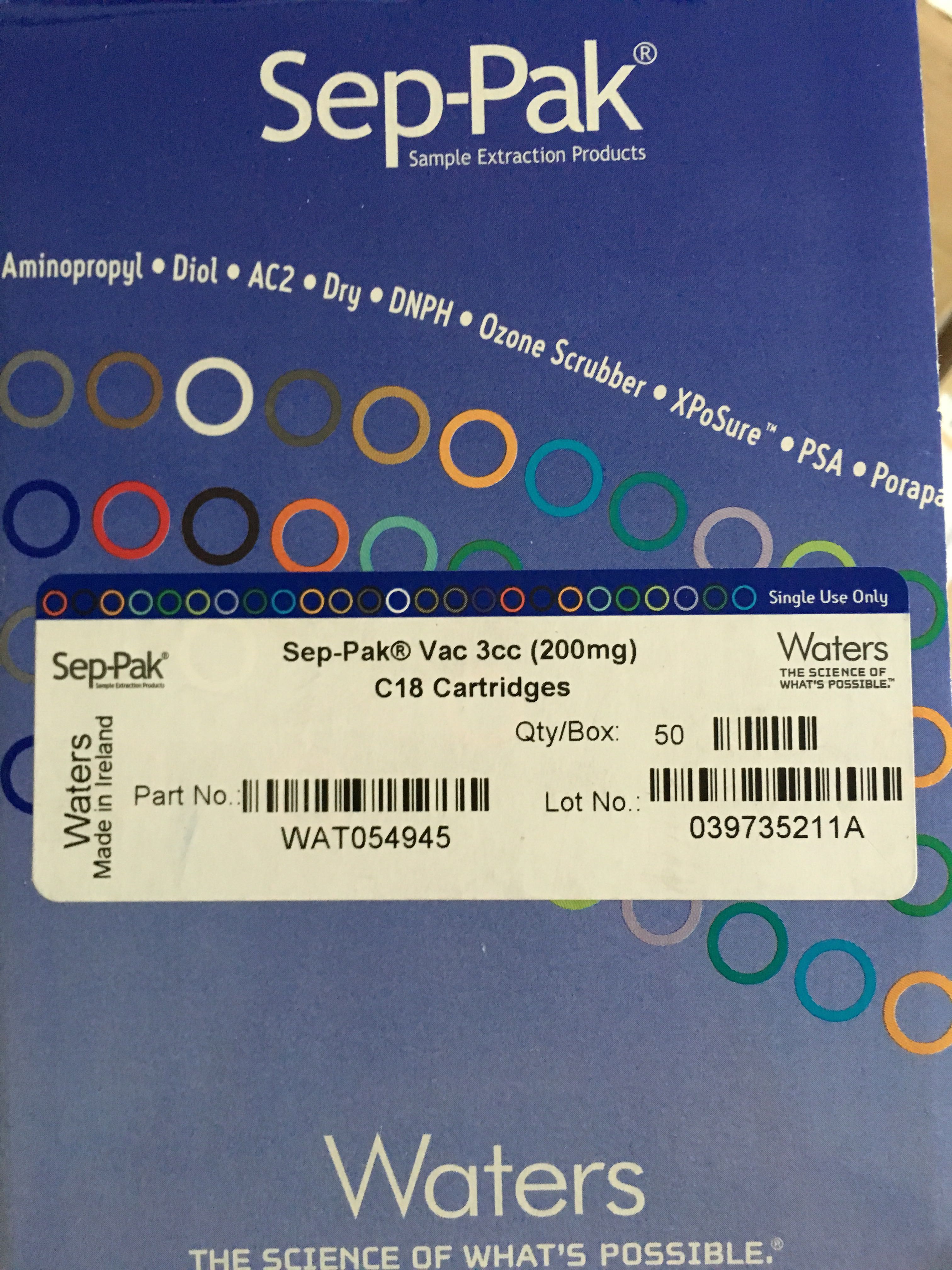 Waters固相萃h取小柱WAT054525 Sep-Pak C8 6cc/500mg 30支/盒