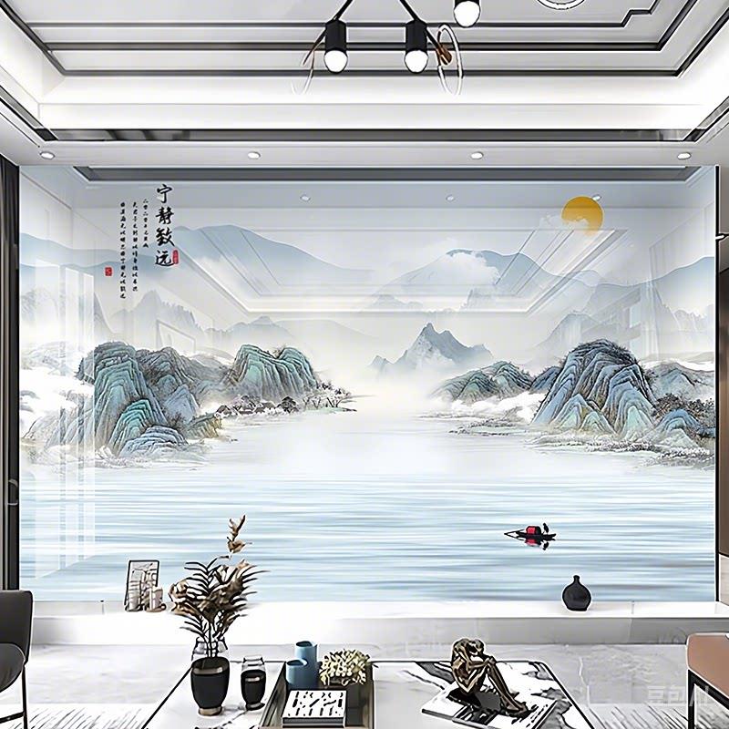 竹木纤维电视背景墙碳晶板新款中式客厅卧室山水装饰画集成护墙板