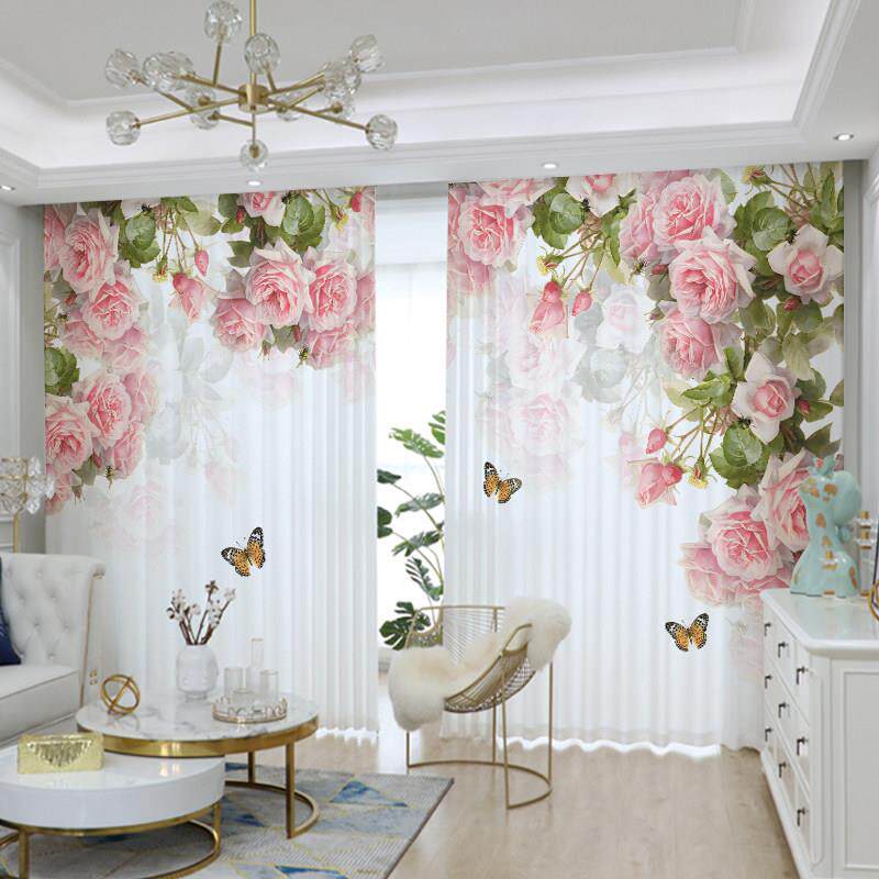 田园风小清新网红窗帘遮光牡丹玫瑰花女孩房卧室阳台客厅飘窗纱帘
