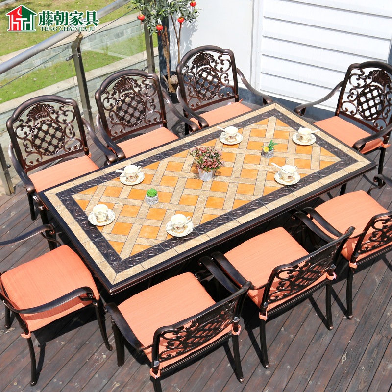 欧式庭院别墅大理石面长桌6w8人位室私人露台休闲户外花园铸铝桌