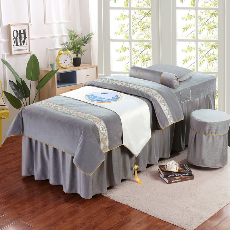 纯色新款美容床罩四件套美容院专用F水晶绒欧式按摩床罩套定制通