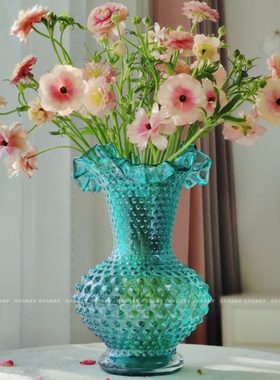 复古怀旧湖水绿色钉珠芬顿瓜形纯手工玻璃花瓶水养插花器家居摆件
