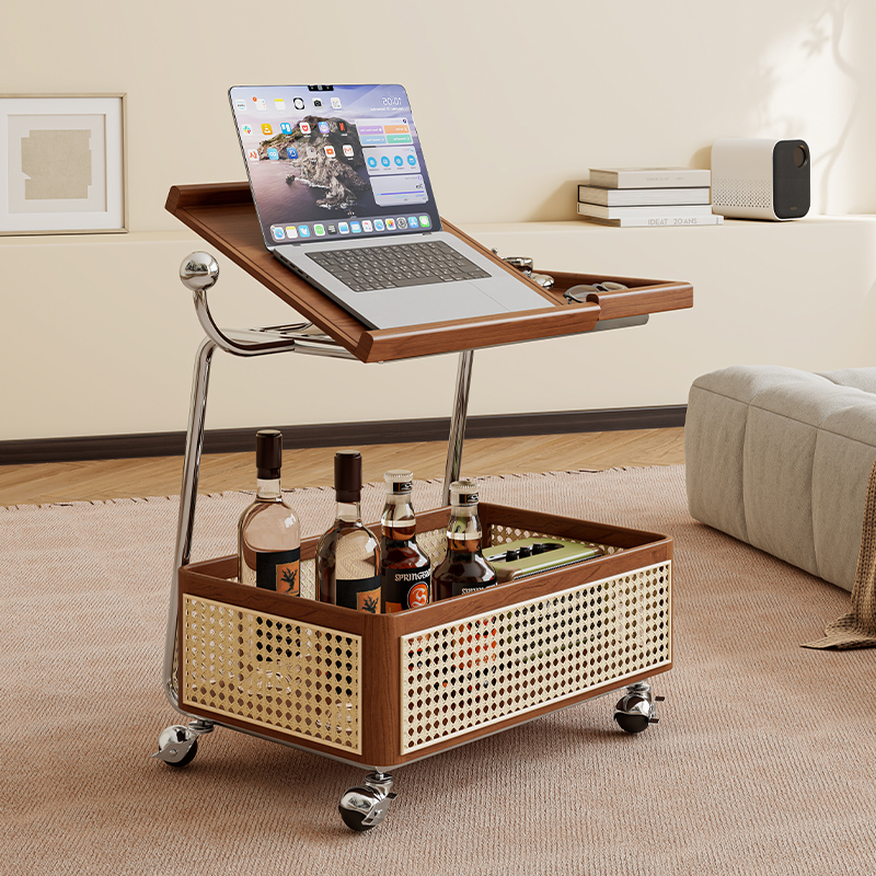 实木边几可移动收纳中古小推车客厅沙发储物置S物架藤编简约餐车