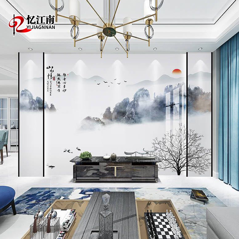 新中式电b视背景墙瓷砖3D客厅微晶石山水画现代简约岩板 山水情