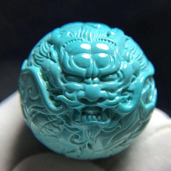 湖北秦古原矿高瓷绿松石龙珠单珠散珠白蓝回纹珠雕刻圆珠金刚配饰