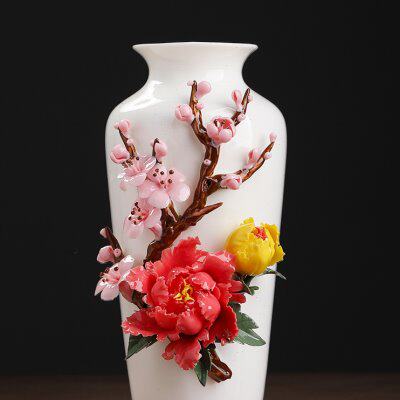 东方泥土《牡丹梅花瓶》新中式手工陶瓷花摆件客厅书房博古架装饰