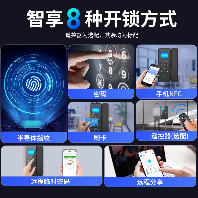 办公室玻璃门密码锁免开孔店铺双E门电子智能门锁无框单门指纹锁