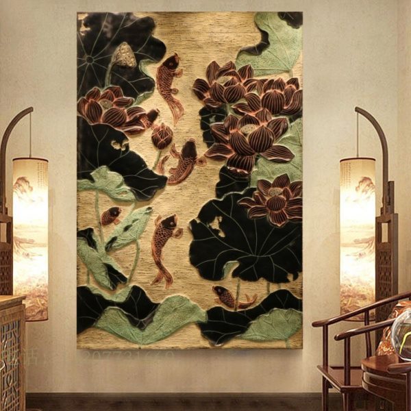 立体浮雕壁饰荷花挂件鱼戏莲香玄关背景墙门厅走廊装饰画 新中式