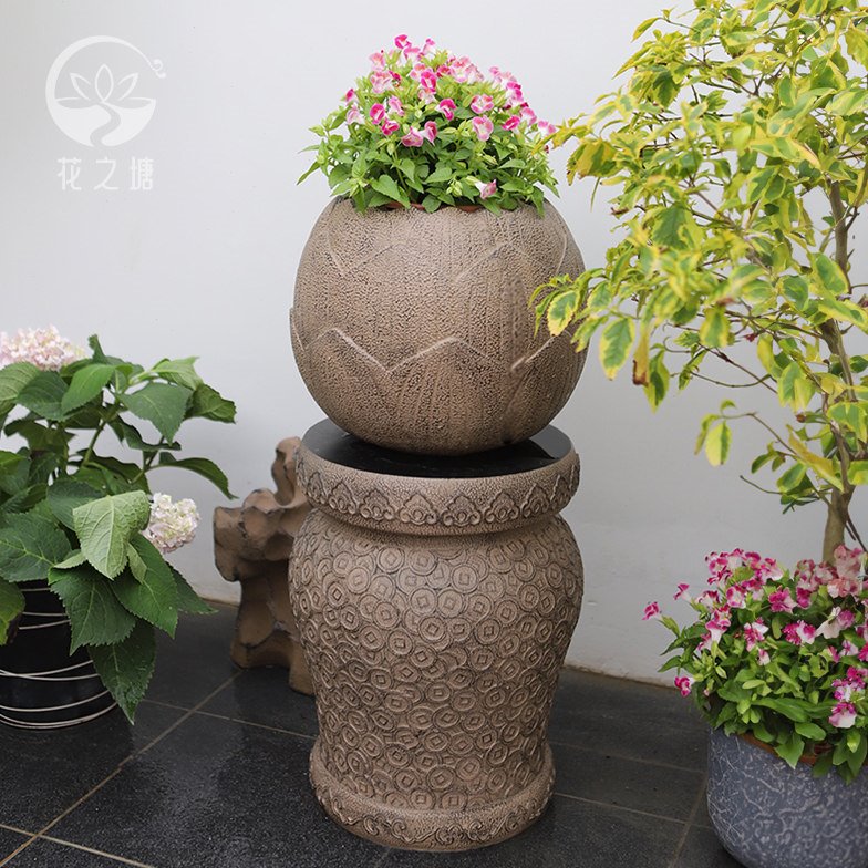 花之塘新中式庭院阳台客厅铜钱招财石墩花盆底座花园造景户外装饰
