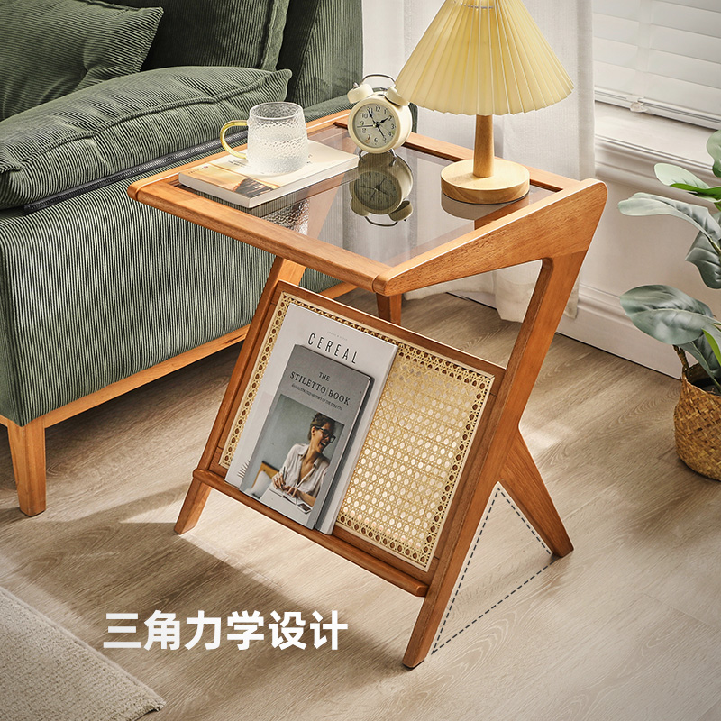实木阳台休闲桌藤编茶几沙发边几B北欧简约客厅轻奢茶桌卧室床头