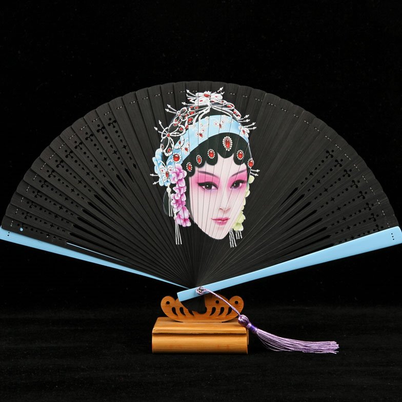 中国风全竹扇子古典京剧脸谱黑色复古风男女士镂空便携折扇舞蹈扇