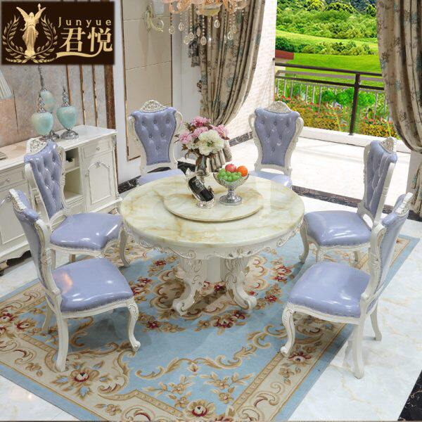 欧式实木餐桌椅组合珍珠白圆形大理石吃饭桌6人转盘法式饭桌家用