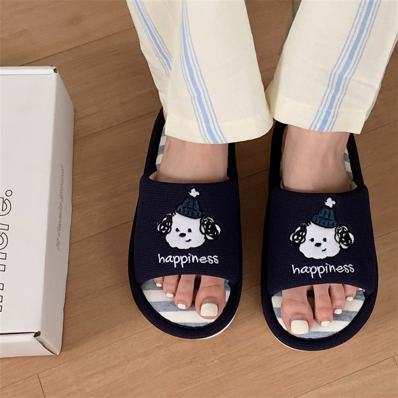 细细条 男女士春夏居家吸汗地板鞋可爱小狗情侣拼色条纹棉麻拖鞋