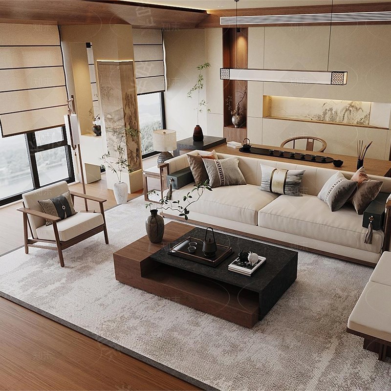 宋式家具实木沙发组合现代简约禅意别墅客厅沙发茶几家.具全屋定