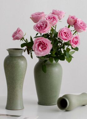 中式简约复古绿色陶瓷花瓶陶罐装饰干花鲜花家居客厅桌面插花摆件