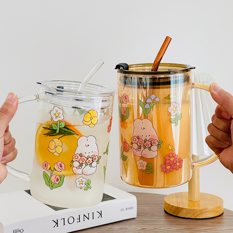 玻璃杯喝水杯1000mml大容量吸管杯带盖带把手女生办公室耐热泡茶