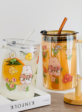 玻璃杯喝水杯1000mml大容量吸管杯带盖带把手女生办公室耐热泡茶