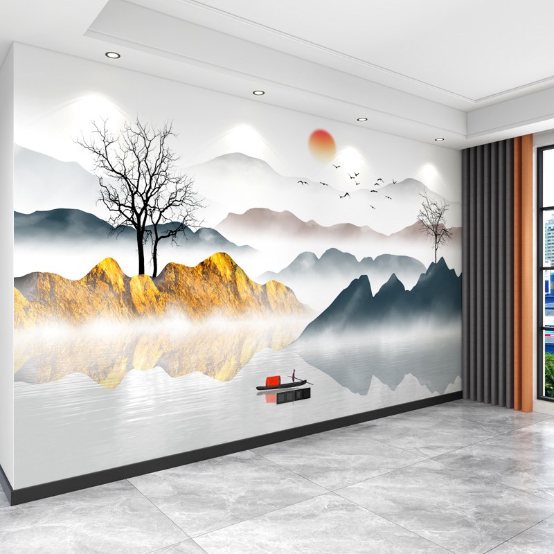 电视背景墙壁纸定制新中式山水壁画3d立体无缝壁布8D客.厅影视墙