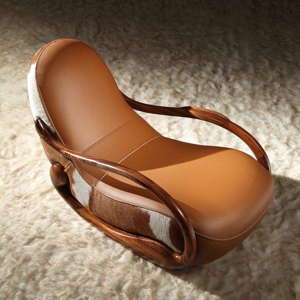 恺瑟宫现代中式乌金木实木艺术摇椅家用客厅沙发真皮休闲躺椅K1