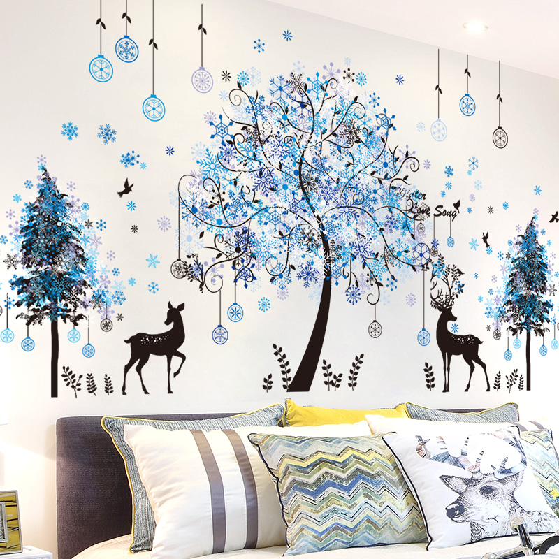 客厅墙面墙壁纸背景装饰品自粘墙贴纸贴画蓝色浪漫树W林唯美雪花