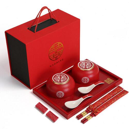 新婚喜碗一对筷子勺子套装镀金结婚对碗送礼礼物甜汤碗婚庆礼品