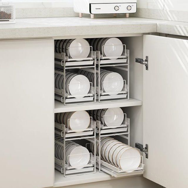 厨房橱柜拉篮抽屉式抽拉式免打孔碗碟架置物架碗沥水架子碗盘收纳