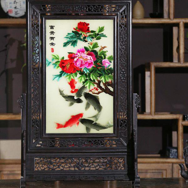 老秀馆蜀绣精品双面绣富贵有余牡丹花鸡翅木摆件送领导中国风礼品
