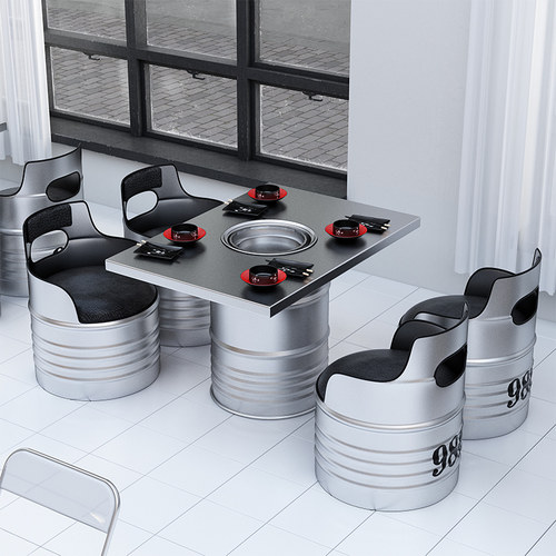 不锈钢商用工业风方圆形韩式炭烤肉火锅烧烤店铁艺油桶餐桌椅组合