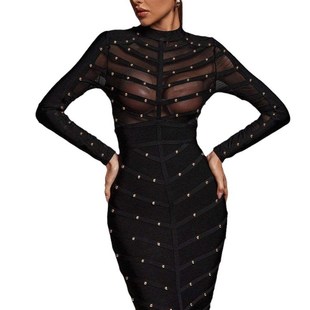 跨境电商欧美外贸女装 重工打钉透视网纱 长袖礼服绷带连衣裙爆款