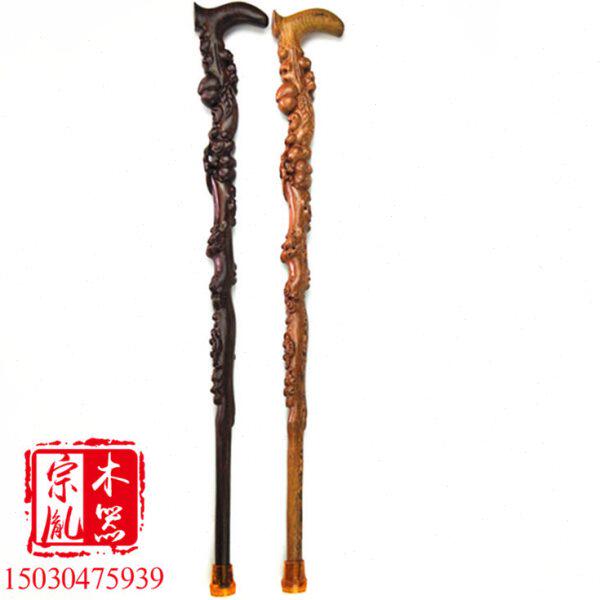 桃木拐杖黑檀木雕刻拐杖老人桃木祝寿一体杖鸡翅木工艺