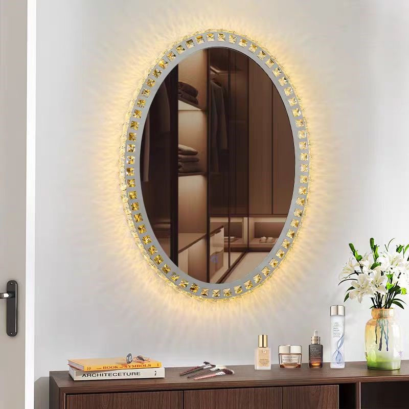 不锈钢椭圆水晶灯轻奢暮光梳妆台化妆桌触控带灯LED感应浴室镜子