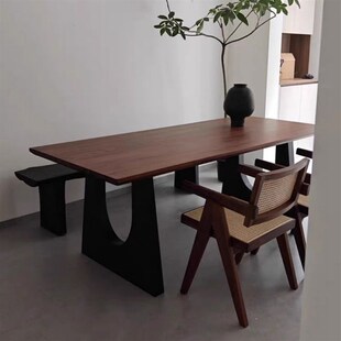 中古风原木餐桌设计师款客厅工作台家用实木会议长桌椅大板凳定制