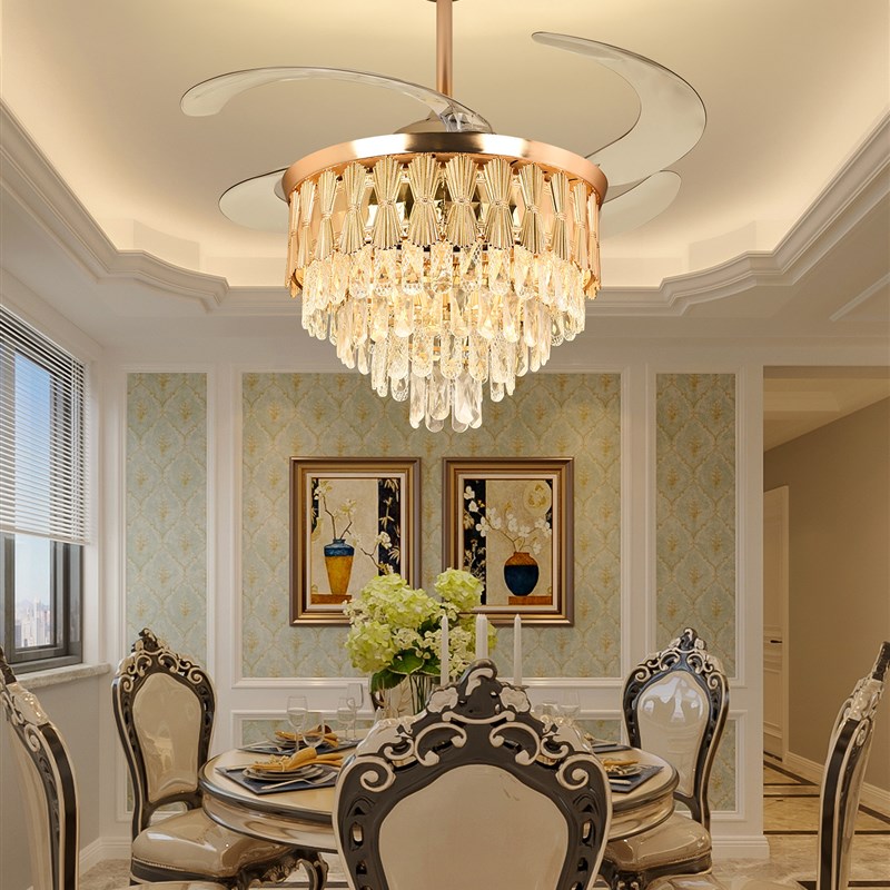 欧式水晶隐形风扇灯客厅卧室餐厅吊顶风扇灯家用风扇灯遥控变频风
