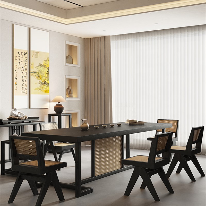 黑色藤编茶桌实木茶几客厅家用现代简约泡茶台侘寂风喝茶桌椅组合