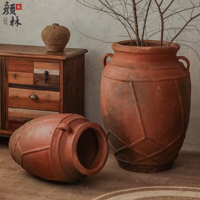 景观双耳大陶罐粗陶花盆复古落地陶瓶民宿装饰陶器酒店大堂摆件大