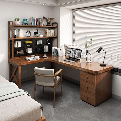 实木转角桌书桌书柜书架一体整墙组合定制L型拐角桌7字型学习桌子