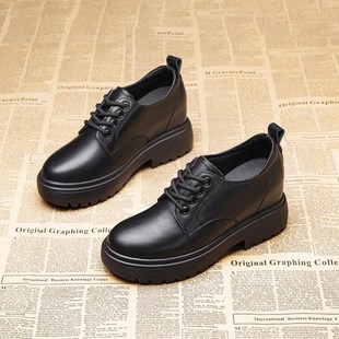 内增高小皮鞋全黑色工作鞋小个子坡跟深口单鞋公务员面试女鞋商务
