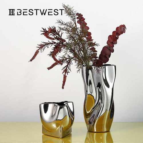 Best west 电镀银色轻奢陶瓷花瓶摆件 家居软装客厅餐桌花器花盆
