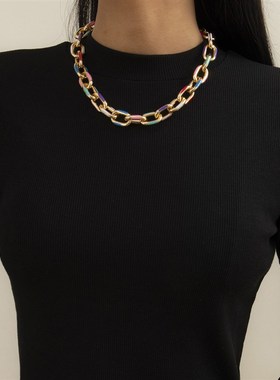 欧美跨境饰品 创意画油彩色十字链条项链女 简约几何磨链项饰