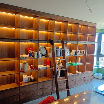 北美黑胡桃中式满墙书柜书架带灯楼梯卡座一体整墙到顶格子柜定制