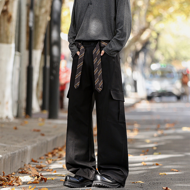 休闲裤男款2026春秋新款腰带设计感宽松慵懒风日常通勤直筒休闲裤