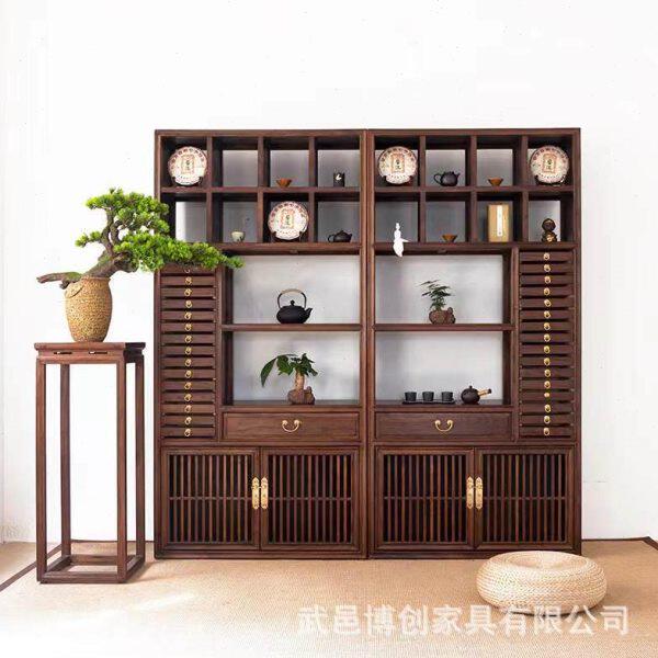 新中式老榆木展示柜博古架多宝阁置物柜茶叶柜货架茶饼柜组合带灯