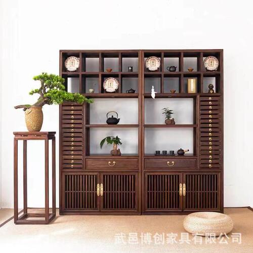 新中式老榆木展示柜博古架多宝阁置物柜茶叶柜货架茶饼柜组合带灯