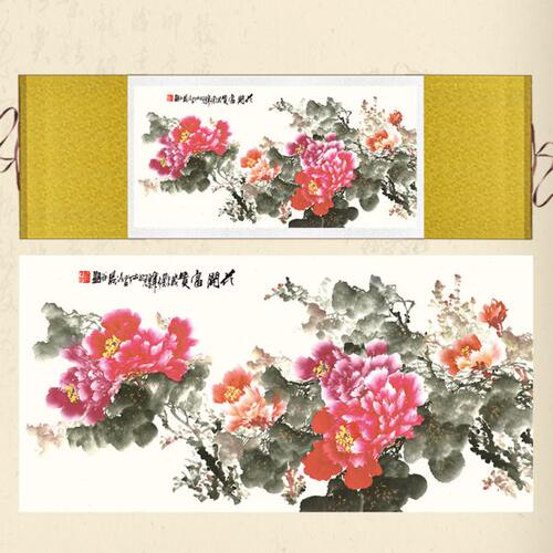 横幅花开富贵招财丝绸挂画客厅书房装饰画国画酒店牡丹花卷轴画