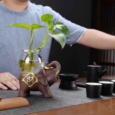 大象花瓶花器紫砂陶瓷摆件干花插客厅餐桌家居装饰品绿色绿萝水培