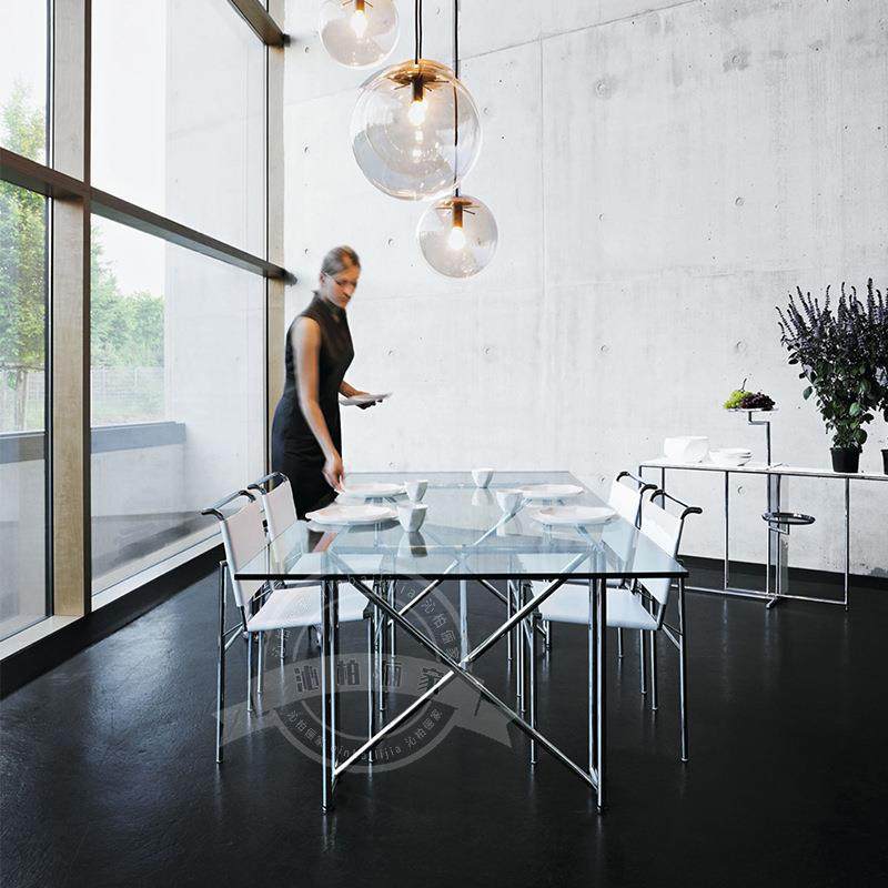 丹麦简约黑色餐桌办公桌实木饭桌双X长条桌中古不锈钢玻璃餐厅桌