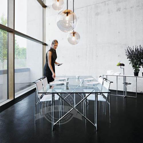 丹麦简约黑色餐桌办公桌实木饭桌双X长条桌中古不锈钢玻璃餐厅桌