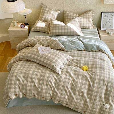 简约纯色高端裸感纽扣100支全棉磨毛双拼床上四件套件纯棉被套床