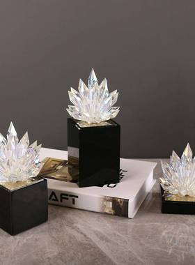 现代轻奢透明水晶莲花桌面摆件黑色水晶底座卧室客厅家居装饰品